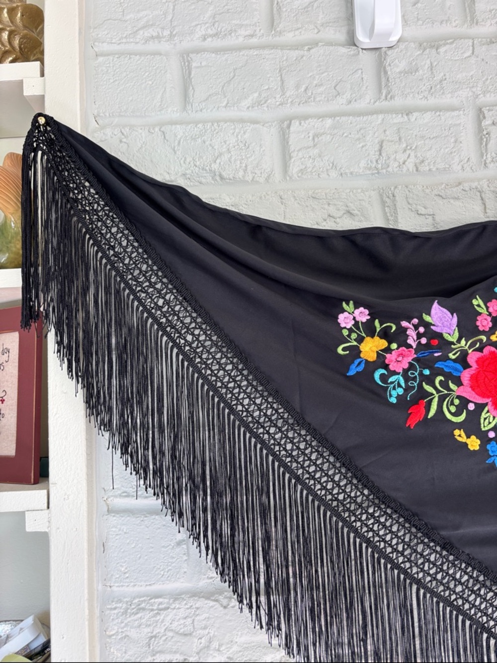Black Floral Embroidered Fringe Edge Triangular Spanish Style Scarf - Picture 2 of 8